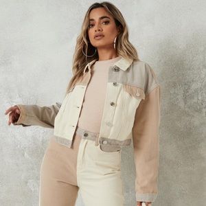 Cream Co Ord Color Block Crop Denim Jacket